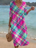 Bohemian-style Color-block Plaid Art Print Cotton-linen Dress