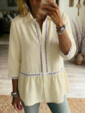 Casual Patchwork Cutout Webbing Stripe Linen-cotton Shirt