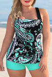 Cyan Plus Size Paisley Print Cross Strap Tankini Set