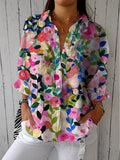 Women's Vintage Lovely Floral Art Print Casual Cotton Linen V-neck Shirt