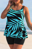 Plus Size Leaf Print Cyan Tankini Set
