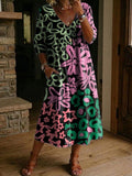 Women's Flower Print Casual Loose-fit Cotton-linen Dress With Lace Trim And Paneling