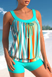 Striped Bowknot Cyan Blouson Tankini Set