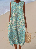 Women's Vintage Flower Art Print Sleeveless Cotton Pocket Wrap Dress