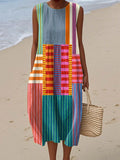 Women's Abstract Geometric Pattern Art Print Sleeveless Cotton Pocket Wrap Dress