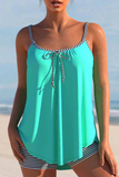 Striped Bowknot Cyan Spaghetti Strap Tankini Set