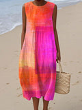 Women's Vintage Abstract Geometric Art Print Sleeveless Cotton Pocket Wrap Dress