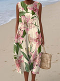 Women's Vintage Lovely Lily Art Print Sleeveless Cotton Pocket Wrap Dress