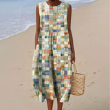 Women's Vintage Color Block Plaid Art Print Sleeveless Cotton Pocket Wrap Dress