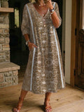 Women's Flower Print Casual Loose-fit Cotton-linen Dress With Lace Trim And Paneling