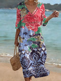 Colorful Floral Print Cutout V-neck Vacation Dress