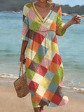 Bohemian-style Color-block Plaid Art Print Cotton-linen Dress