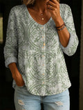 Women's Vintage Floral Pattern Art Print Casual Cotton Linen Shirt