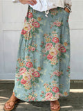 Women's Retro Floral Art Print Casual Linen Pocket Skirt
