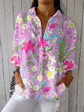 Women's Vintage Flowers Art Print Casual Linen V-neck Shirt