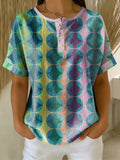 Retro Color-block Patchwork Print Loose-fit Cotton-linen Short-sleeve Shirt