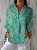Women's Vintage Floral Pattern Art Print Casual Cotton Linen V-neck Shirt
