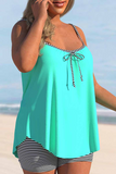Striped Bowknot Cyan Spaghetti Strap Tankini Set