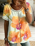 Women's Retro Color-block Floral Art Print Loose Cotton-linen Shirt