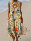 Women's Vintage Floral Art Print Sleeveless Cotton Pocket Wrap Dress