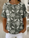 Women's Vintage Flower Pattern Printed Cotton Linen Top