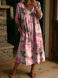 Women's Flower Print Casual Loose-fit Cotton-linen Dress With Lace Trim And Paneling