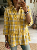 Casual Patchwork Cutout Webbing Plaid Linen-cotton Shirt