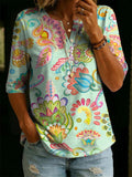 Women's Floral Pattern Art Print Casual Classic Henley Collar 100% Cotton T-shirt