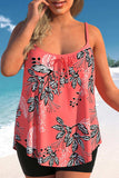 Coral Red Plus Size Leaf Print Tankini Set