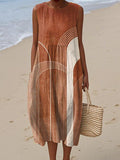 Women's Vintage Abstract Circular Geometric Lines Painting Art Print Sleeveless Cotton Pocket Wrap Dress