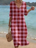 Bohemian-style Color-block Plaid Art Print Cotton-linen Dress