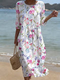 Women's Casual Solid Color Round Neck Mid-Sleeve Floral Print Cotton Linen Dress