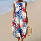 Women's Vintage Independence Day Fireworks Art Print Sleeveless Cotton Pocket Wrap Dress