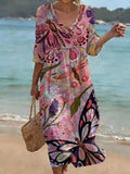 Botanical & Animal Print Cutout V-neck Vacation Dress