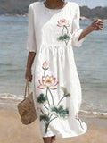 Women's Casual Round Neck Mid Sleeve Print Cotton and Linen Dress