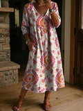 Women's Flower Print Casual Loose-fit Cotton-linen Dress With Lace Trim And Paneling