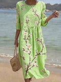 Women's Casual Round Neck Mid Sleeve Print Cotton and Linen Dress