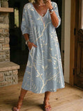 Women's Flower Print Casual Loose-fit Cotton-linen Dress With Lace Trim And Paneling