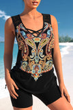 Black Paisley Print Lace Stitching Tankini Set