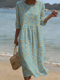 Women's Casual Solid Color Round Neck Mid-Sleeve Floral Print Cotton Linen Dress