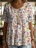 Retro And Elegant Floral Decorative Pattern Women's Short Sleeve Round Collar Cotton Shirt
