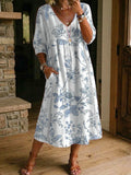 Women's Flower Print Casual Loose-fit Cotton-linen Dress With Lace Trim And Paneling