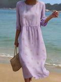 Women's Casual Solid Color Round Neck Mid-Sleeve Floral Print Cotton Linen Dress