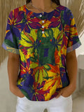 Women's Vintage Flower Pattern Printed Cotton Linen Top