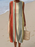 Women's Art Creative Colourful Stripes Print Sleeveless Cotton Pocket Wrap Dress