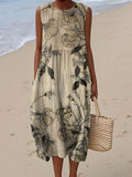 Women's Vintage Floral Art Print Sleeveless Cotton Pocket Wrap Dress