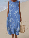 Women's Vintage Flower Art Print Sleeveless Cotton Pocket Wrap Dress