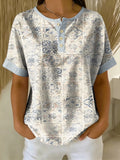 Retro Distressed Print Loose-fit Cotton-linen Short-sleeve Shirt