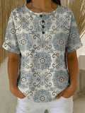 Women's Vintage Flower Pattern Printed Cotton Linen Top