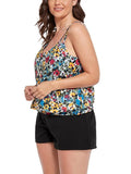 Small Floral Painting Loop Strap Blouson Tankini with Cargo Swim Short